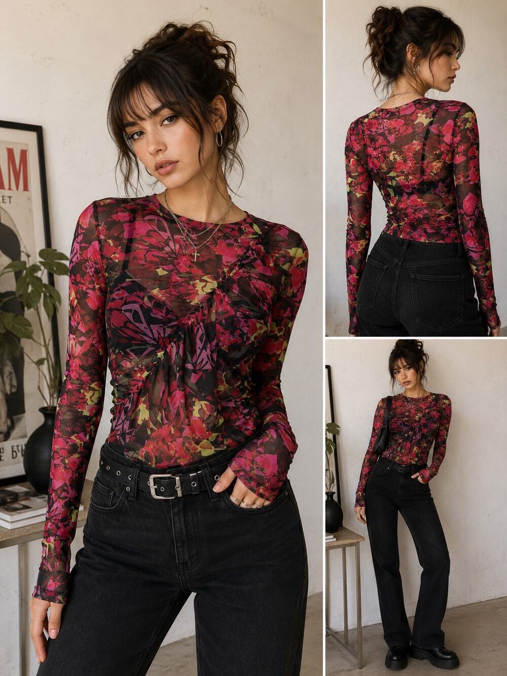 Open Edit Floral Mesh Long Sleeve Ruched Top S Sheer Fairy Grunge Pink Black